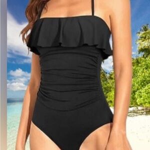 Holipick Stylish Black Ruffle One-Piece Swimsuit
